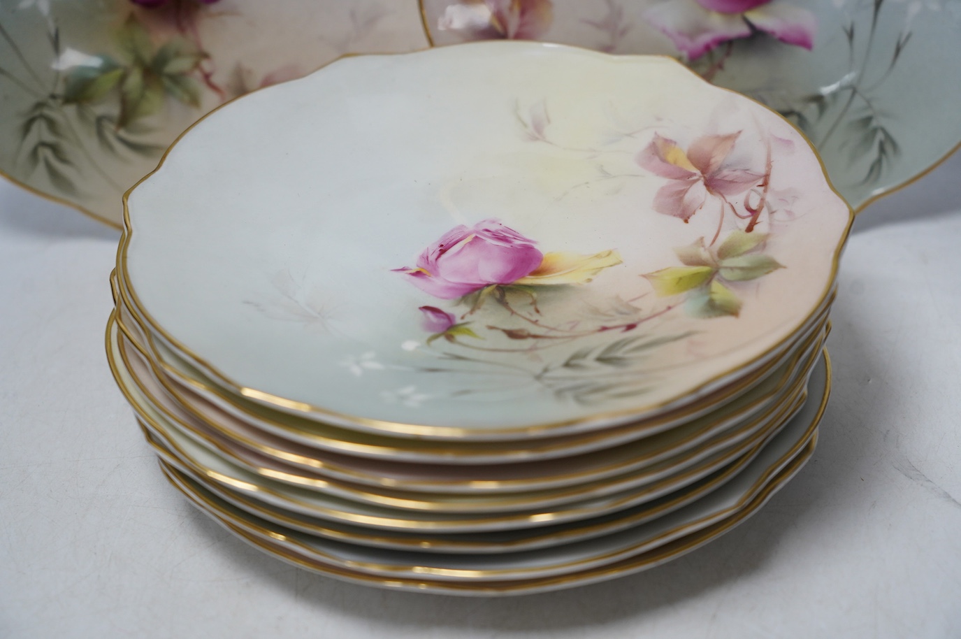 A set of ten Worcester floral cabinet plates, 20cm in diameter. Condition - fair, crazing